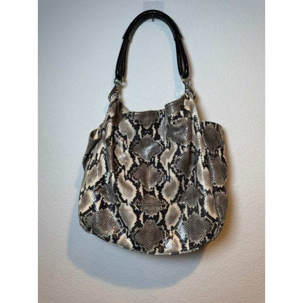 Streets Ahead Snakeskin Embossed Hobo Bag Grey Black Patent Handle Made in USA